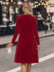 EMERY ROSE 女士垂褶领长袖拼接亮片印花时尚连衣裙 - 酒紅色 - 查看 2