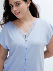 LUVLETTE Super Soft TENCEL™ Modal Lace Insert Long Women Airy Pajama Set Lounge Sets For Women Sky Blue Lingerie - Baby Blue - View 2