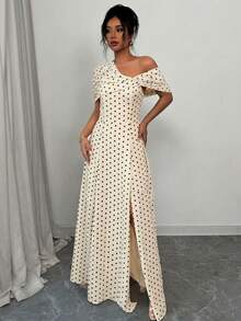 SHEIN Elenzya Asymmetric Shoulder Ruched Waist A-Line Elegant Romantic Dress For Women - Multicolor - View 3