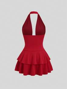 Sweetra Vestido de vacaciones mini con escote en V profundo, decoración de estrella de mar y dobladillo con volantes en la cintura baja para mujer, color rojo - Rojo - Ver 2