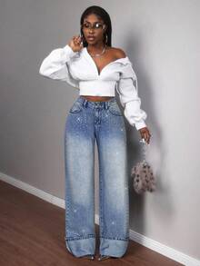 Slaydiva Women's Casual Washed Rhinestone Straight-Leg Jeans - Light Wash - View 6