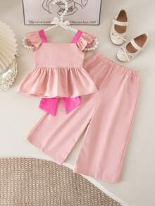 SHEIN 女宝宝夏季度假粉色荷叶边蝴蝶结吊带背心和松紧腰裤套装 - 玫紅色 - 查看 6