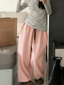 EMERY ROSE Women's Solid Blush Pink Elastic Waist Pockets Drawstring Loose Casual Jogger Pants - Baby Pink - View 4