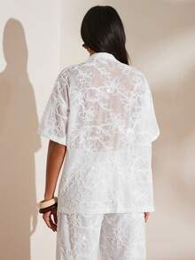 Opulessa 春夏情人节生日海滩度假女士纯色针织宽松短袖衬衫，春夏款，春夏过渡季，情人节，嘉年华服装，海滩，夏季度假，休闲衬衫 - 白色 - 查看 3