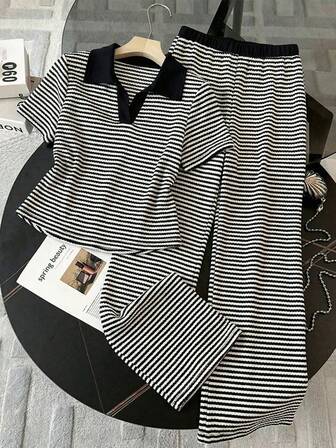 SHEIN Reset Phase Teenage Girls' T-Shirt Set, Young Ladies' Fashion Plaid Set, Collar Splice Black, Curved Hem Design, Paired With Pants, Casual & Simple