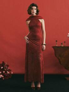 Poéselle 女士花卉蕾丝露背连衣裙，优雅修身 - 酒紅色 - 查看 2