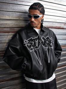 AXEPEAK Men's Hip-Hop Embroidered Zip-Up Jacket - Black - View 4