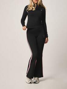 Missguided x Playboy Women's Zip Neck Athletic Track Top Quarter Zip Pullover Long Sleeve Fitted Training Sweatshirt With Pink Accent Stripe - Black - View 3