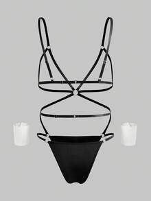 Men's Sexy Valentine's Day Costume (Jumpsuit, 2pcs Arm Sleeves) - Black - View 2