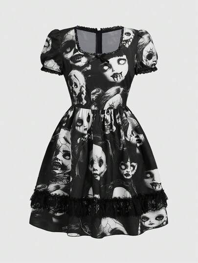 Gothic Dark Witch Lace Patchwork Doll Print Short Dress For Women