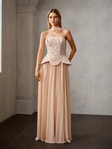 MOTF PREMIUM VESTIDO DE FIESTA ELEGANTE CONVERTIBLE SIN TIRANTES DE LARGO HASTA EL SUELO - DETALLE DE LAZO EN LA ESPALDA, TELA CON CUENTAS DE GASA MEZCLADA, SILUETA ENTALLADA PARA FIESTAS, BODAS Y EVENTOS FORMALES - Champán - Ver 5