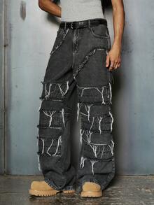 PAVTROS 男士休闲街头风做旧拼接深灰色牛仔裤 - 深灰色 - 查看 3
