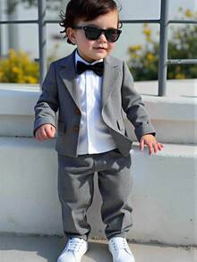 Bộ đồ vest Houndstooth 2 món cho bé trai - Áo khoác ve áo cài một hàng khuy + Quần dài cùng màu, Phong cách Anh cổ điển, Thích hợp cho tiệc sinh nhật, lễ cưới, lễ rửa tội, năm mới, trang phục trẻ em, quần áo bé trai, bộ đồ bé trai, bộ đồ bé trai, bộ đồ bé trai - Xám - Xem 1