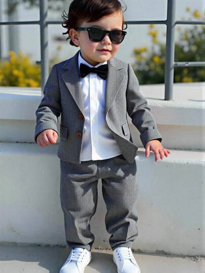 男婴千鸟格套装（2件套） - 单排扣翻领外套 + 配套长裤，复古英伦风，适合生日派对、庆典、婚礼、洗礼、新年等场合，儿童服装，男婴服装，男童套装，男婴套装