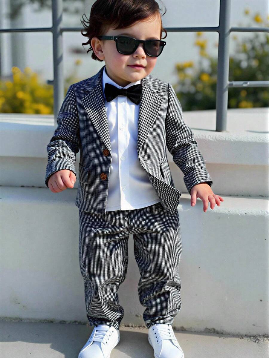 Bộ đồ vest Houndstooth 2 món cho bé trai - Áo khoác ve áo cài một hàng khuy + Quần dài cùng màu, Phong cách Anh cổ điển, Thích hợp cho tiệc sinh nhật, lễ cưới, lễ rửa tội, năm mới, trang phục trẻ em, quần áo bé trai, bộ đồ bé trai, bộ đồ bé trai, bộ đồ bé trai - Xám - Xem 1