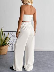 SHEIN EZwear Summer Old Money Women's Fashion White Woven Halter Backless Suit Set - White - View 2
