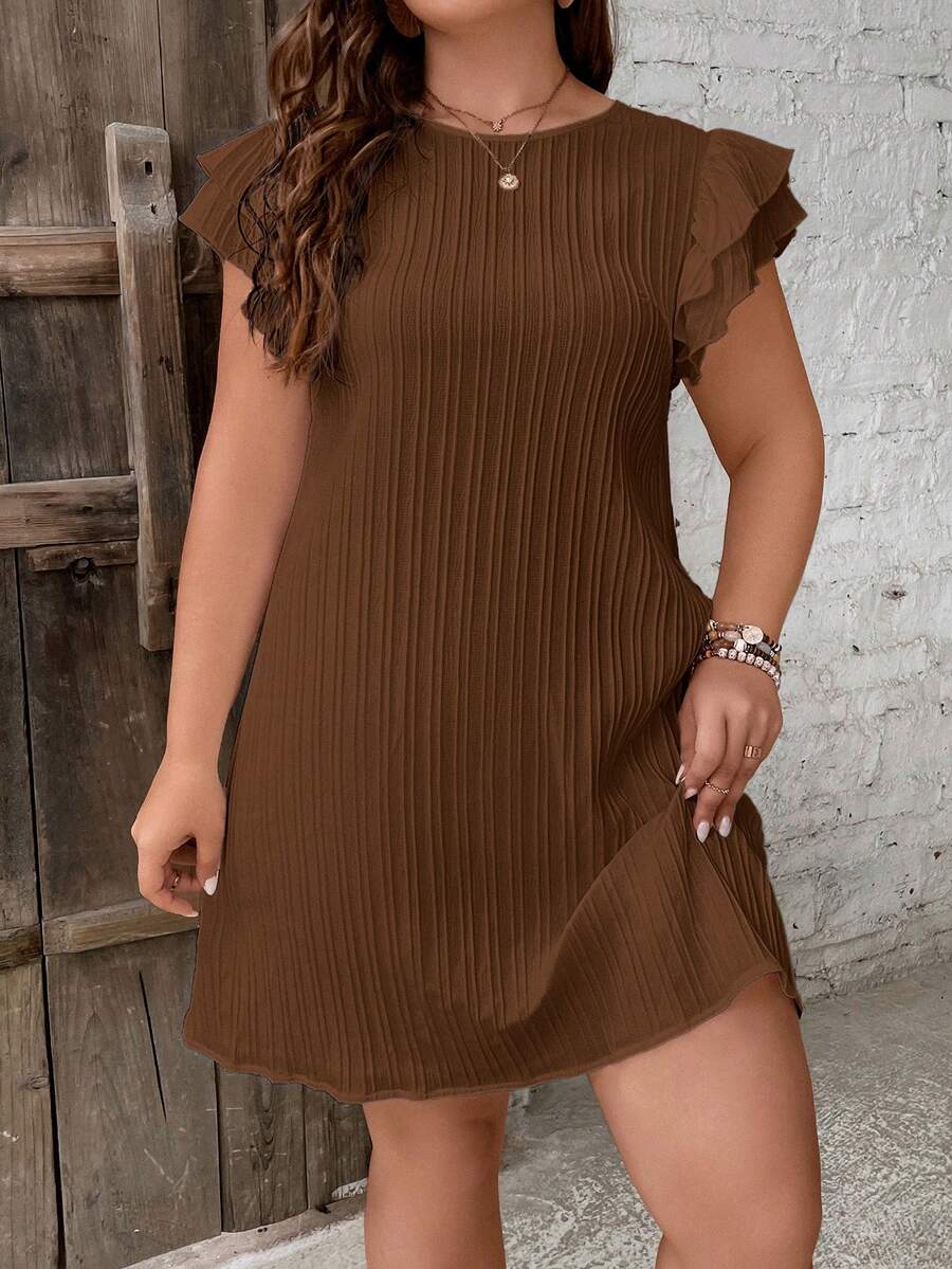 SHEIN Frenchy Plus Size Solid Color Minimalist Daily Wear Round Neck Cap Sleeve Dress - Coffee Brown - View 1