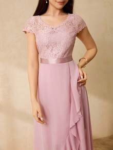 Elegantes Midikleid für Teenager-Mädchen mit V-Ausschnitt, Spitze-Patchwork und asymmetrischem Saum aus Chiffon, geeignet für Hochzeit, Abschlussball, Geburtstags-Party, Bankett - Pink - Übersicht 7