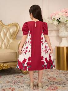 Girls' Fuchsia Abaya Kaftan Jalabiya Tunic, Middle Eastern Muslim National Flower Sudani Rose Print Patchwork Contrast Color Pleated Print Traditional Conservative Elegant Fashionable Dress Kids Rose Print Dress Girls Floral Dress