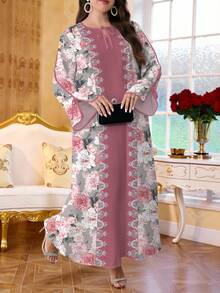 SHEIN Najma Gaun Maxi Arab Elegan Lengan Panjang dengan Desain Ikat Leher V, Motif Bunga Mawar dan Pola Digital untuk Wanita Ukuran Plus, Musim Semi - MultiWarna - View 3