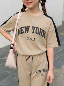 Tween Girls' Loose Casual Minimalist Comfortable Round Neck Patchwork Contrast Color T-Shirt And Pants Set - Multicolor - View 2