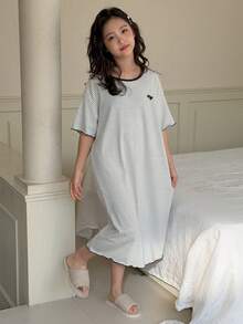 DAZY 少女条纹圆领短袖针织睡衣家居服夏季 - 灰色 - 查看 2