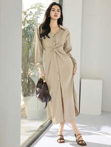 Heiryn 女士纯色落肩长袖扭结前襟纽扣长连衣裙 - 卡其色 - 查看 2