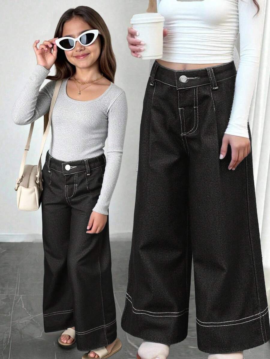 Young Girl' Navy Blue Denim Ruffle Hem Loose Fit Pants - Black - View 1