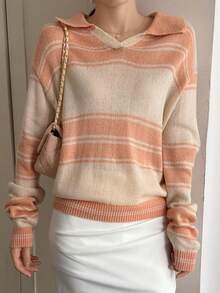 DAZY Striped Collared Cropped Loose V-Neck Sweater For Women - Coral Orange - View 6