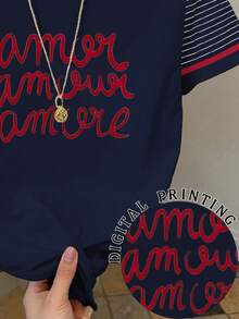 SHEIN Áo thun nữ kiểu dáng thường ngày kẻ sọc phối chữ in họa tiết, thích hợp cho mùa hè. - Màu xanh hải quân - Xem 5