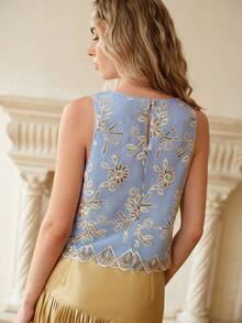 MOTF PREMIUM 女士花卉刺绣露脐背心，优雅夏季款式 - 藍色 - 查看 4