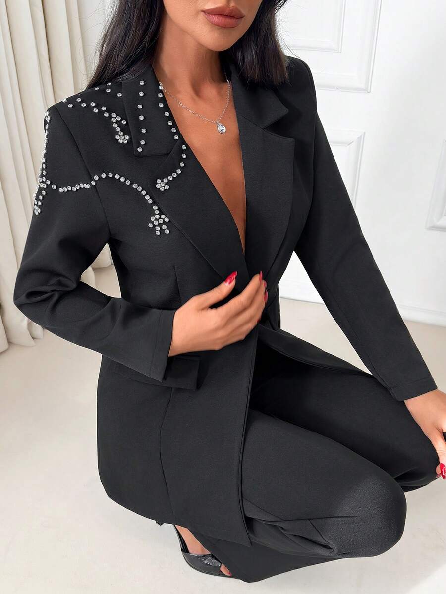 EURMUSE Embellished Double-Breasted Black Blazer And Flared Pants Two Pieces Elegant Suit Set Regular Fit - White - View 1