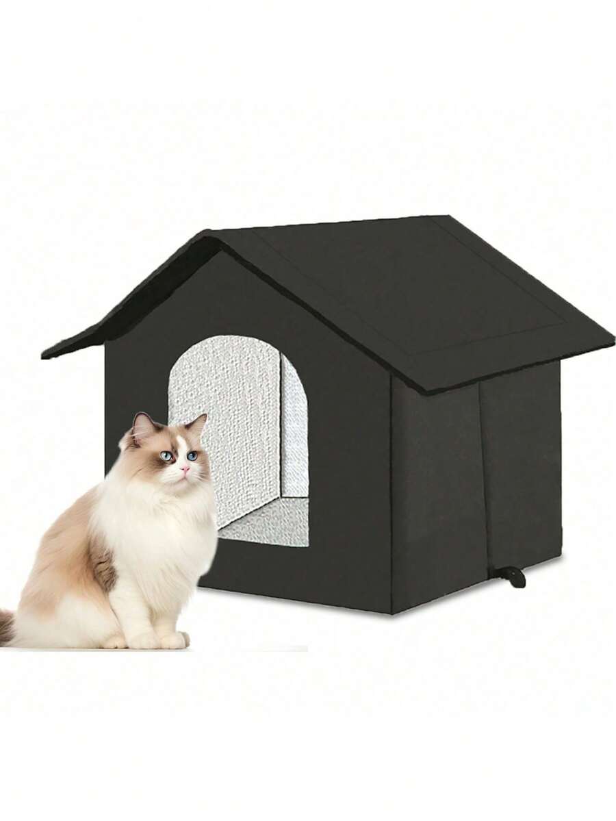 1 Stück Outdoor Wasserdichtes Katzenhaus, Dickes 600D Oxford Gewebe, Hochdichte Schaumstoff-Isolierung, inklusive ganzjährig bequemes Kissen - Schwarz - Übersicht 1