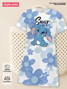 SHEIN Sparklyn Girls Casual Fashion Creative Cartoon Cute Blue Rabbit Flower Letter Slogan Print Short Sleeve T-Shirt Dress Girls Casual Printed Straight Dress Kids Clothes Girls Blue White Blue Dress For Girls - Khaki - View 6