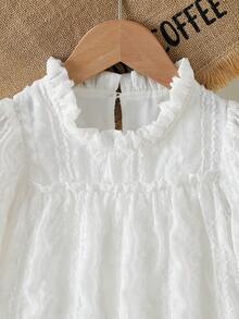 SHEIN Vintaside Kids Girls' Elegant Princess Ruffled Collar Puff Sleeve Jacquard Embroidered Double-Layer Ruffled Hem Loose Princess Dress, Suitable For Vacation, Travel, Party, Gift, Spring/Autumn Girls White Dress Young Girl Elegant Dress - White - View 4