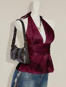 SHEIN ICON 女士休闲露背吊带紧身背心，适合夏季穿着，扎染印花，安哥拉红，露背设计 - 彩色 - 查看 6