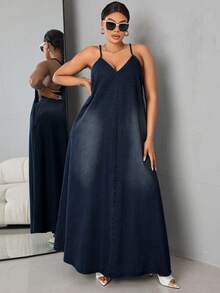 SHEIN Mono de mezclilla lavado de moda para mujer de talla grande - Azul lavado oscuro - Ver 1