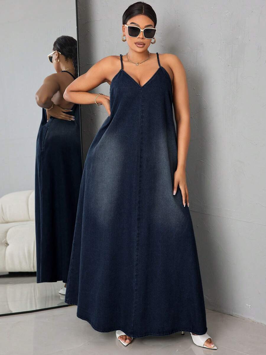 SHEIN Mono de mezclilla lavado de moda para mujer de talla grande - Azul lavado oscuro - Ver 1