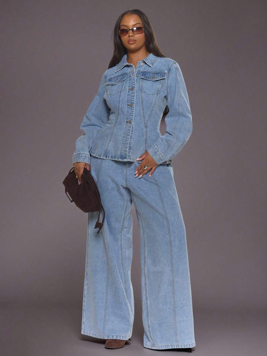 MUSERA Plus Contrast Stitch Straight Leg Jeans Autum Everyday Casual Cool Girl Streetwear Uncut - Light Wash - View 1