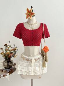 Elamini 休闲百搭极简镂空女式开衫毛衣 - 紅色 - 查看 1