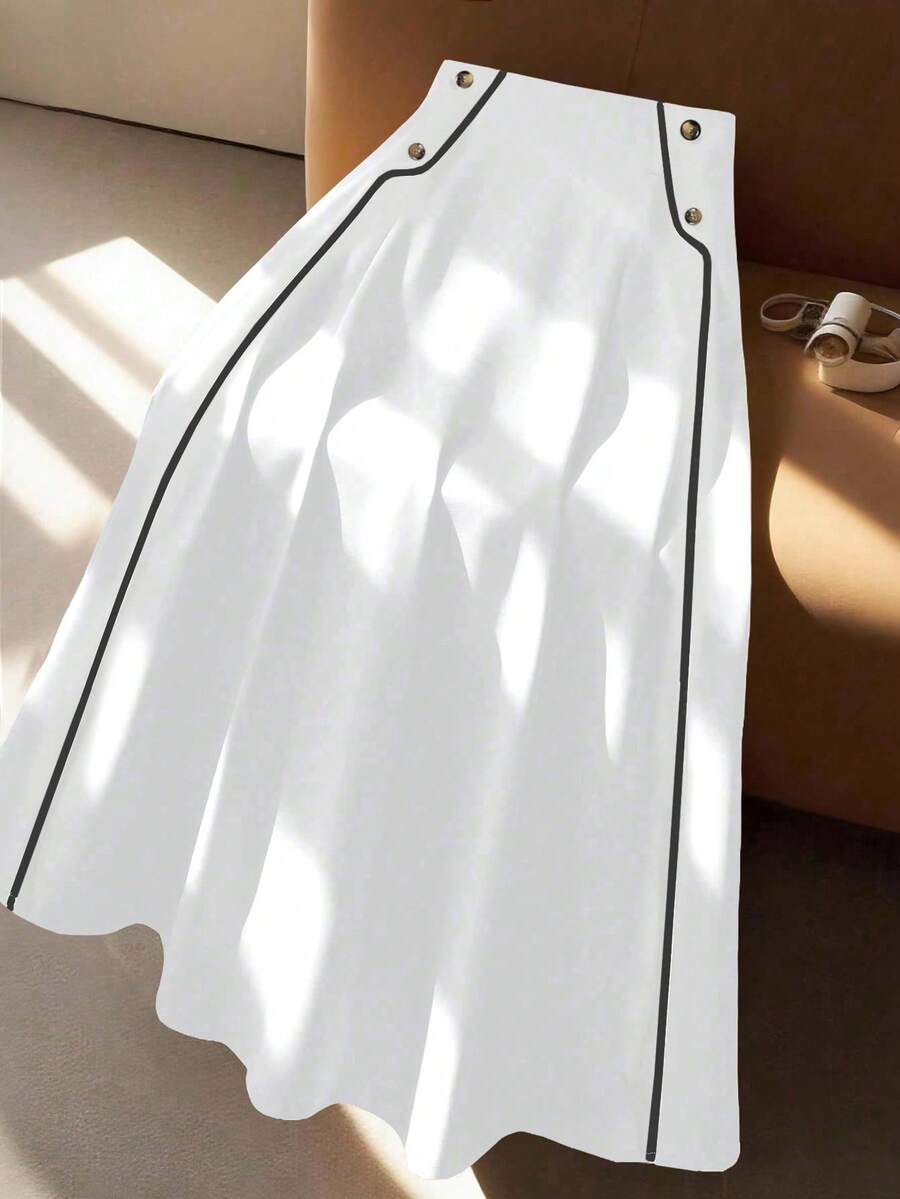 SHEIN Clasi 大码女式撞色滚边纽扣装饰休闲半身裙 - 白色 - 查看 1