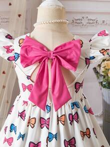 SHEIN Girls Elegant White Summer Fairy Birthday Dress,Floral Print Round Neck Flutter Sleeve Hollow Back Bow Decor Waist Ruffle Hem Casual Fashionable - Pink - View 3