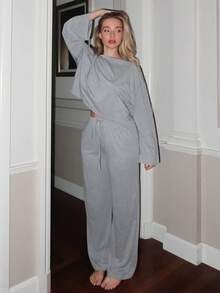 Turnttoni Leisure 2pcs/Set Women Bamboo Nodes Casual Round Neck Long Sleeve Top & Pants Home Lounge Set, Comfortable & Soft Summer Holiday Season Outfit Cozy And Elegant Details, Fall Winter Clothes - Light Grey - View 4