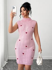 Elenzga Women's Spring/Summer New Arrival Single Piece Half-Turtleneck Fitted Short Sleeveless Heart Embroidery ,Valentine's Day Sweet Date Fashionable Versatile Elegant Knit Pullover Dress Heart Dress - Pink - View 6
