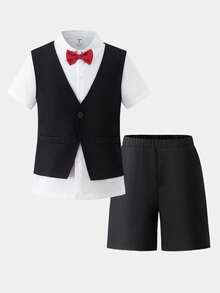 3pcs Boys'black And White Summer Fashion Suit,Elegant Wedding Guest Soft Shirt,Vest & Shorts Set For Banquet,Piano Performance,Birthday & Graduation - Black - View 3