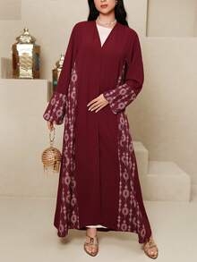 Al Najma Women's Graphic Print V-Neck Elegant Long Sleeve Arabic Abaya Red Veiled Robe, Printed Veiled Robe, Veiled Robe With Curved Cuffs - Red - View 1