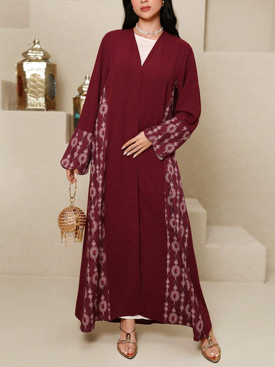 Al Najma Women's Graphic Print V-Neck Elegant Long Sleeve Arabic Abaya Red Veiled Robe, Printed Veiled Robe, Veiled Robe With Curved Cuffs - Red - View 1