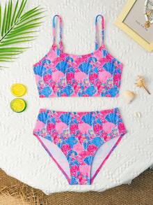 SHEIN Shell & Sequin Girls' Two-Piece Swimsuit | Kids' Separated Bikini Set | Beach Party Sun Protection Swimsuit | Cute & Sweet Style Bikini Girls Two Piece Swimsuit Tween Girl 2 Piece Swim Perfect For: Beach Vacations, Pool Parties, Summer Travel, And Photoshoots. - Pink - View 3