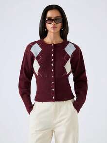 LYSMO Women's Burgundy Argyle Long Sleeve Knit Sweater,Autumn Retro Vintage Y2k School Top,Back-To-School Colorblock Minimalism Casual Streetwear Cardigan - Multicolor - View 5