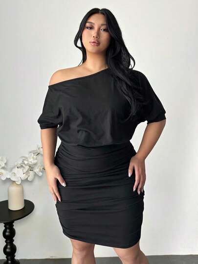 Firerie Plus Size Casual Elegant Vacation Minimalist Versatile Daily Stretchy One Shoulder Sexy Ruched Bodycon Dress For Women, Spring/Summer